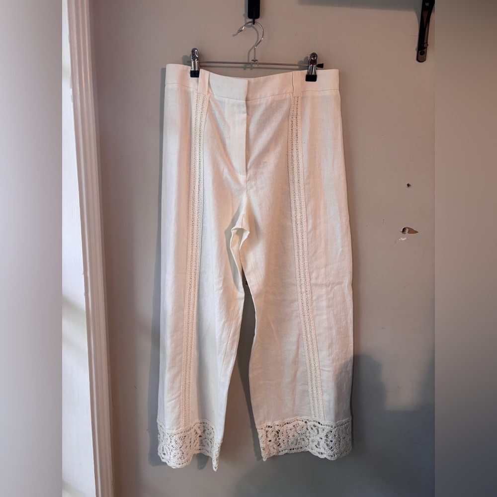 NWT Zara White Crochet Hem Linen Blend Straight Leg Pants Size Medium